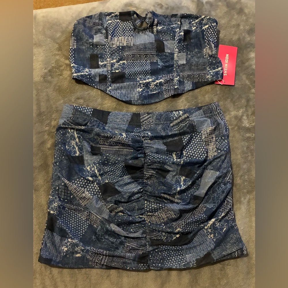 SHEIN Navy Patchwork Mini Skirt Set